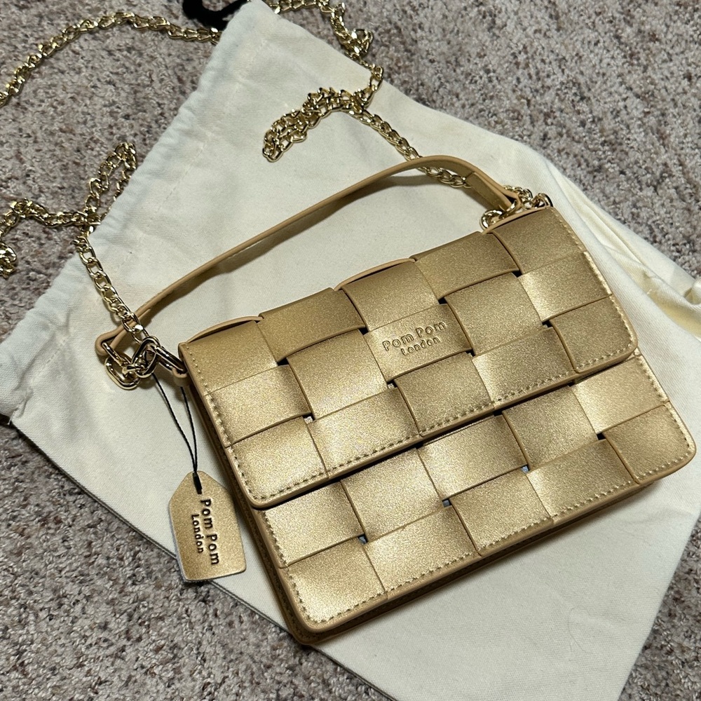 ‼️SOLD‼️Gold Pom Pom London Leather 2 way Crossbody Bag